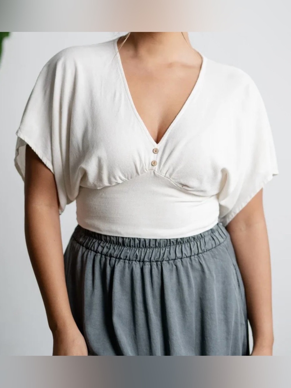 Sozy XL linen Marilyn cropped dolman sleeve top with smocked back EUC